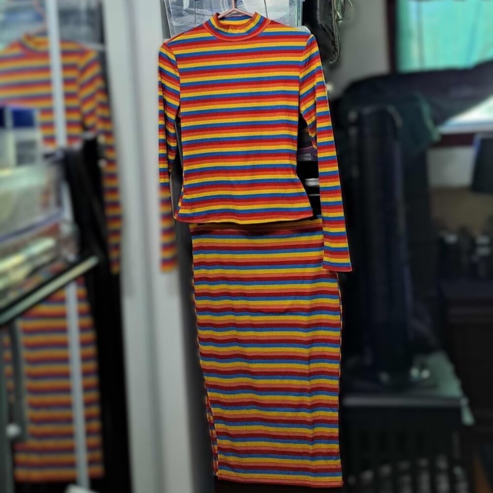 NWT Primary Rainbow Striped Ribbed Mock Neck Top & Midi Skirt Set - M